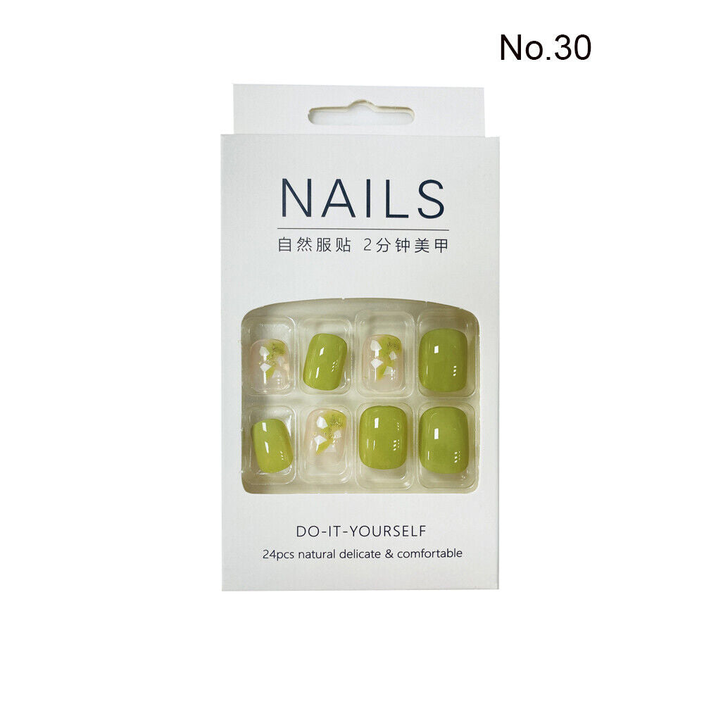 High Quality Non Toxic 24Pcs Nail Tips Cute Cartoon Short Square 34 Colors 