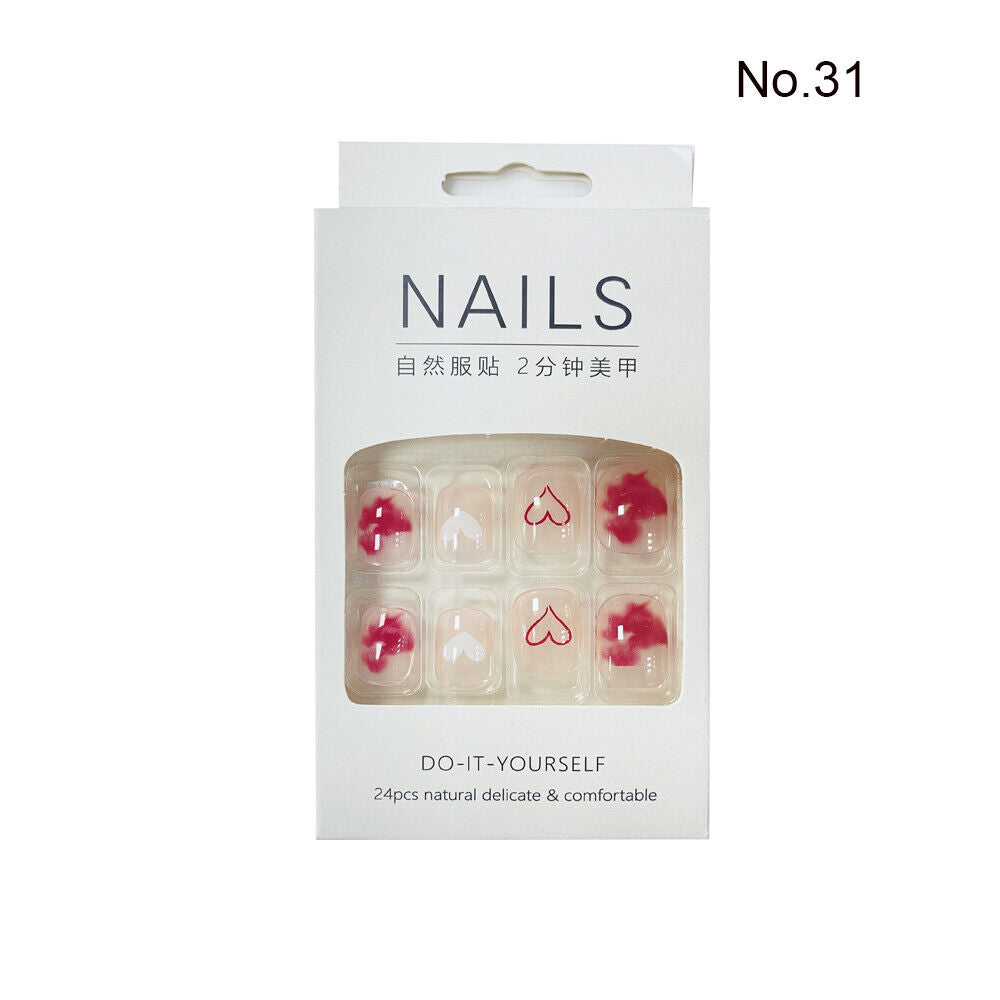 High Quality Non Toxic 24Pcs Nail Tips Cute Cartoon Short Square 34 Colors 