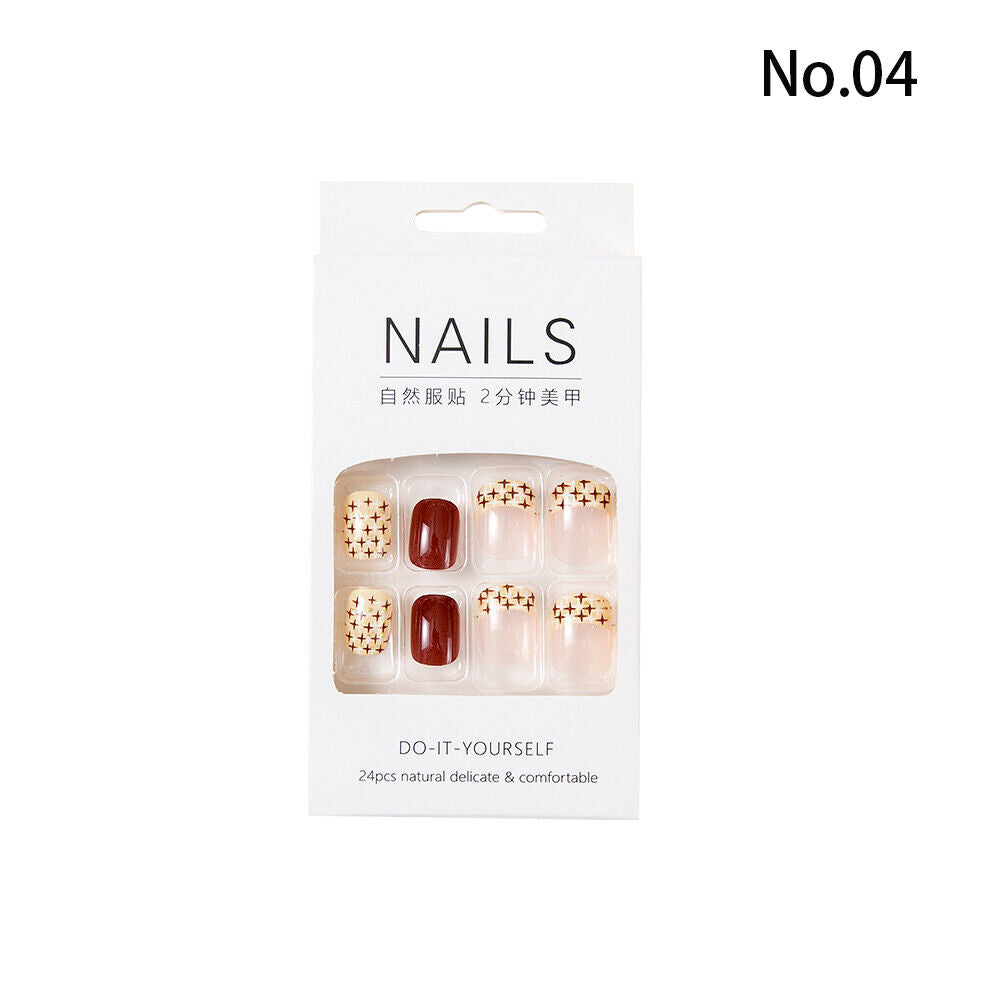 High Quality Non Toxic 24Pcs Nail Tips Cute Cartoon Short Square 34 Colors 