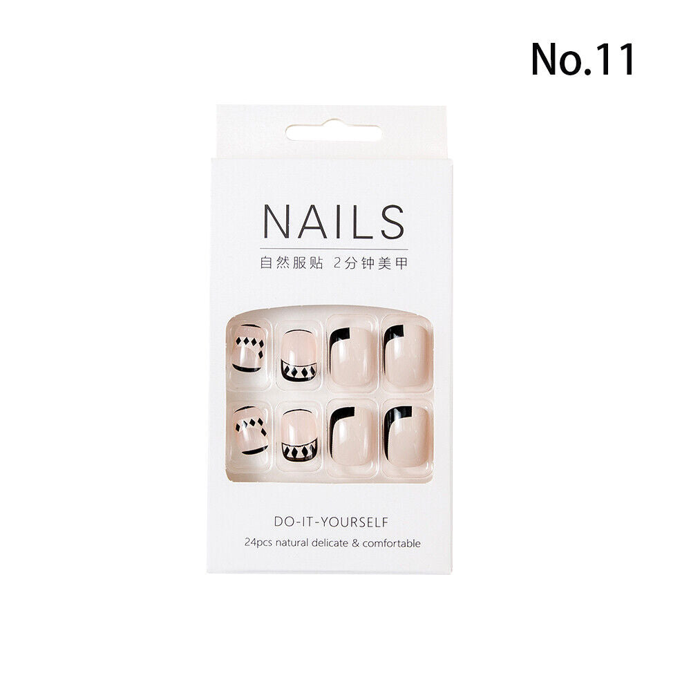 High Quality Non Toxic 24Pcs Nail Tips Cute Cartoon Short Square 34 Colors 