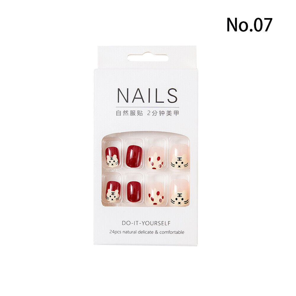 High Quality Non Toxic 24Pcs Nail Tips Cute Cartoon Short Square 34 Colors 