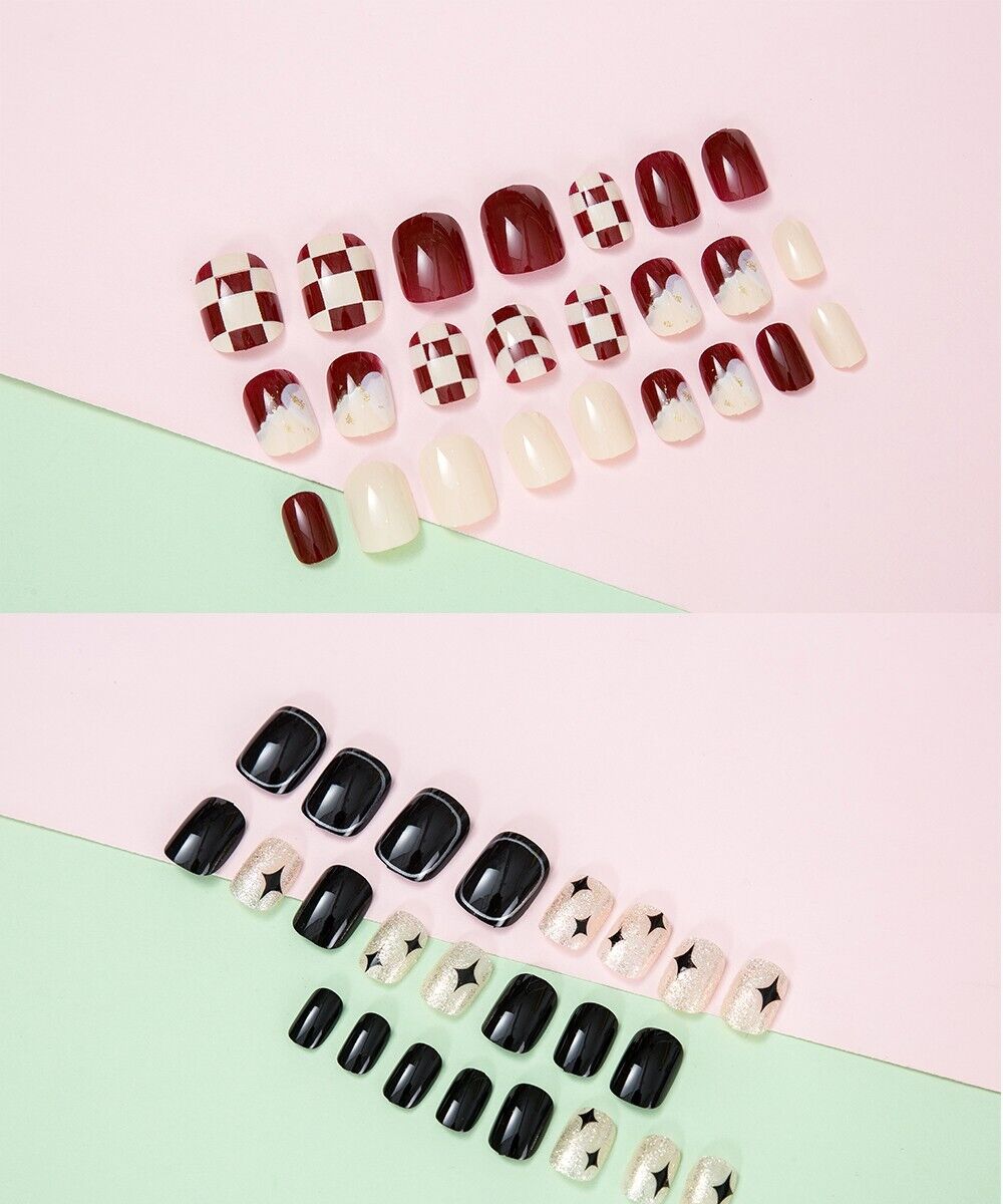 High Quality Non Toxic 24Pcs Nail Tips Cute Cartoon Short Square 34 Colors 