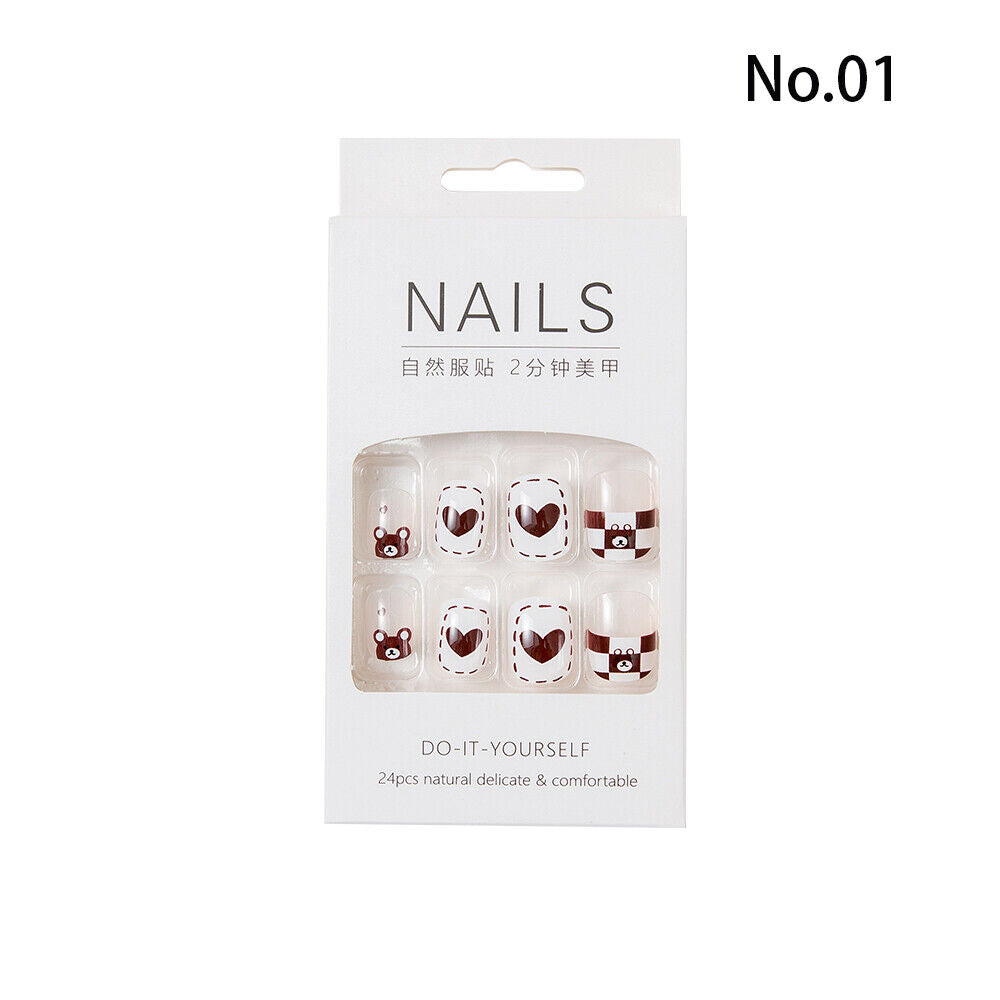 High Quality Non Toxic 24Pcs Nail Tips Cute Cartoon Short Square 34 Colors 