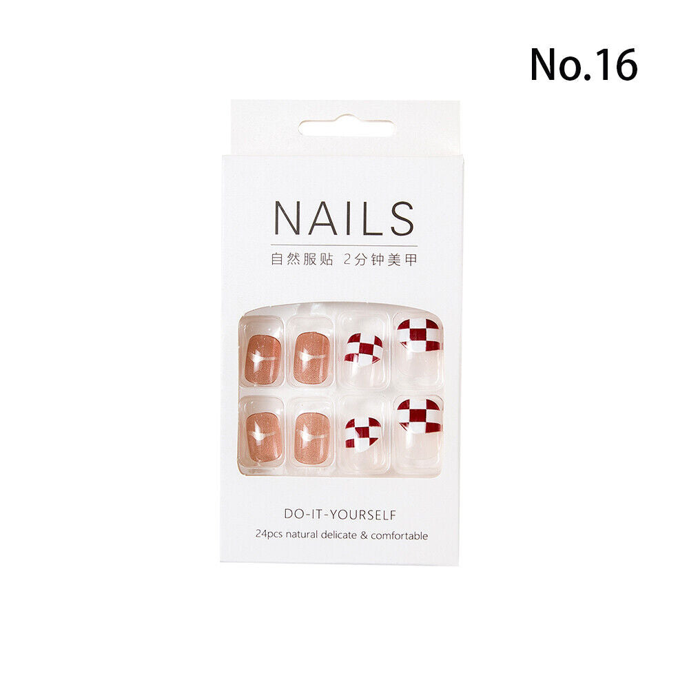 High Quality Non Toxic 24Pcs Nail Tips Cute Cartoon Short Square 34 Colors 