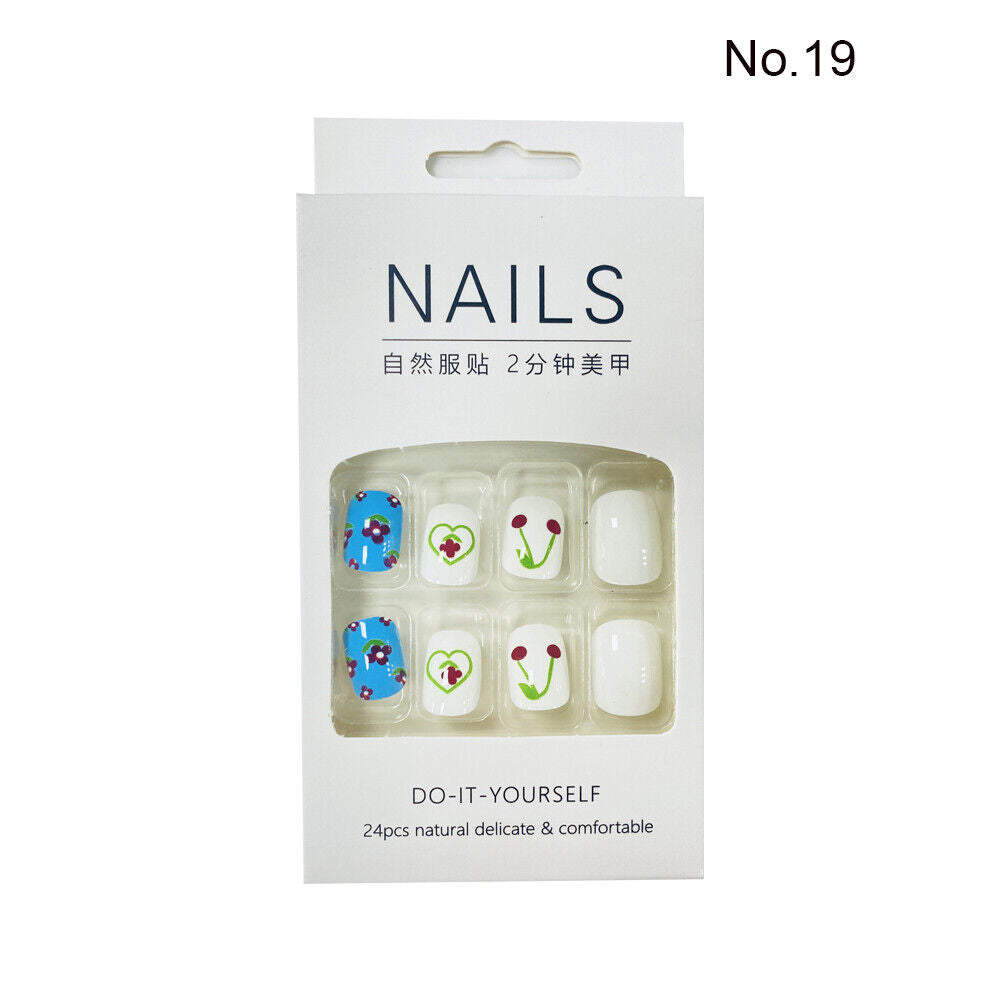 High Quality Non Toxic 24Pcs Nail Tips Cute Cartoon Short Square 34 Colors 