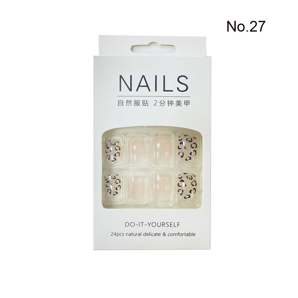 High Quality Non Toxic 24Pcs Nail Tips Cute Cartoon Short Square 34 Colors 