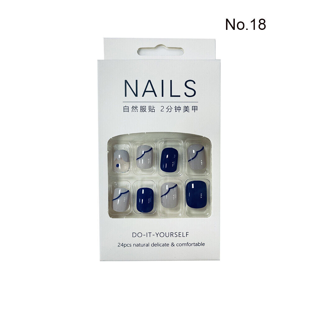 High Quality Non Toxic 24Pcs Nail Tips Cute Cartoon Short Square 34 Colors 