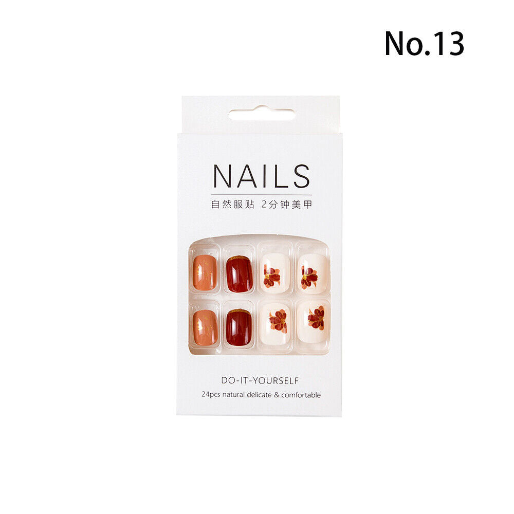 High Quality Non Toxic 24Pcs Nail Tips Cute Cartoon Short Square 34 Colors 