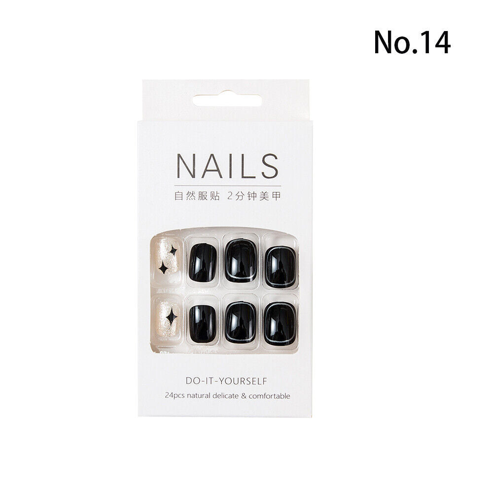 High Quality Non Toxic 24Pcs Nail Tips Cute Cartoon Short Square 34 Colors 