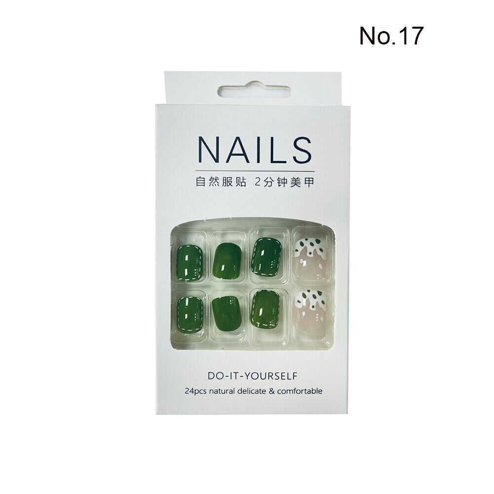 High Quality Non Toxic 24Pcs Nail Tips Cute Cartoon Short Square 34 Colors 