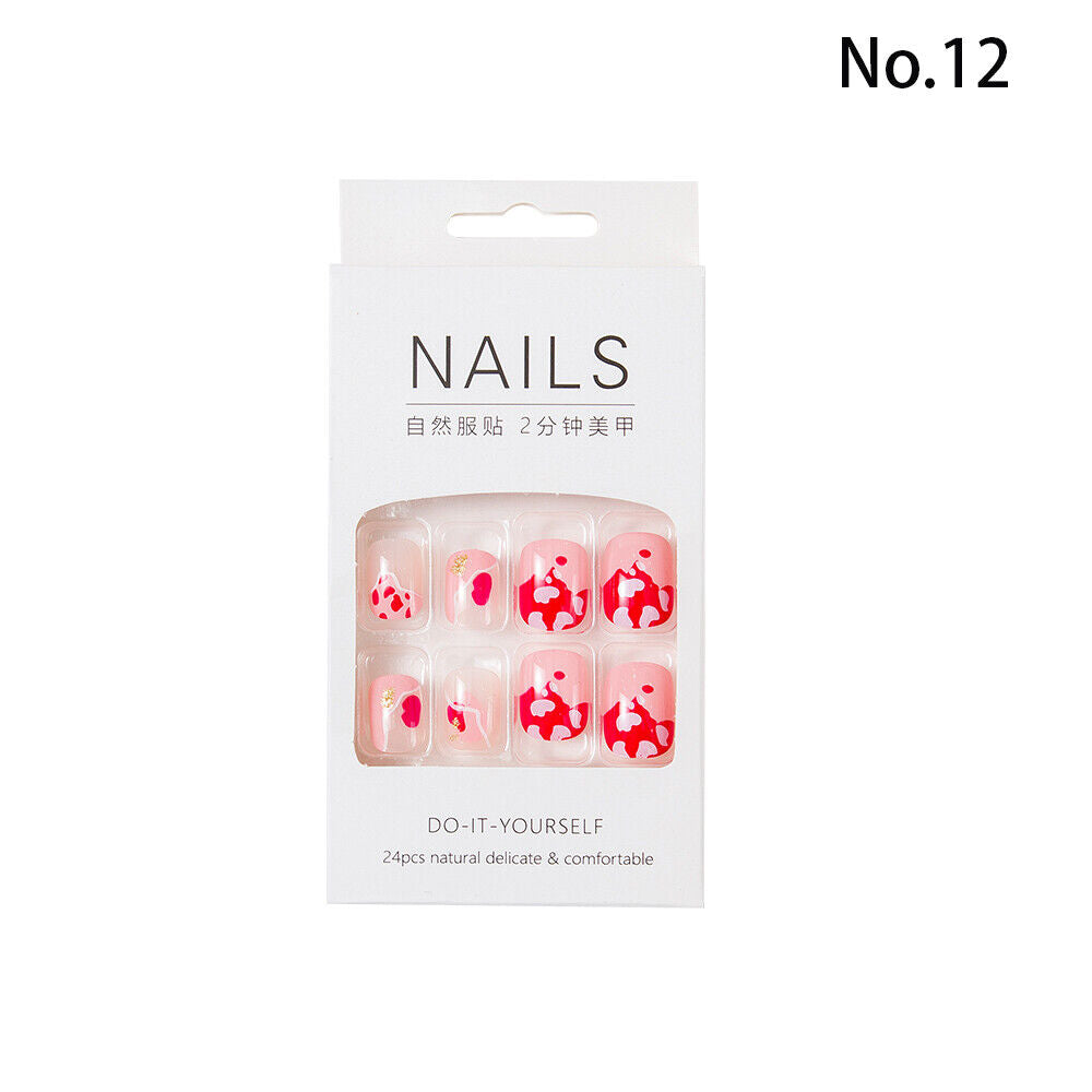 High Quality Non Toxic 24Pcs Nail Tips Cute Cartoon Short Square 34 Colors 