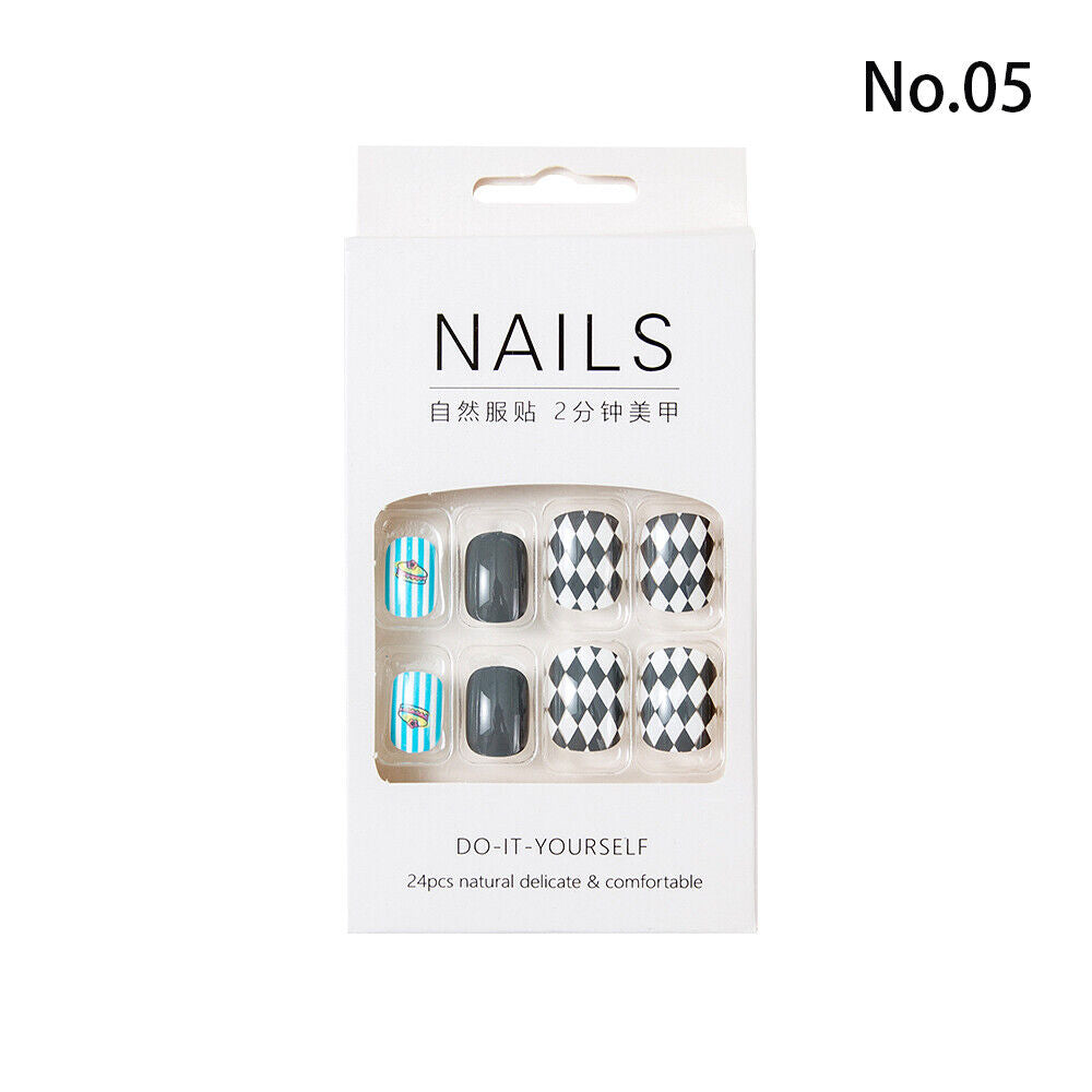 High Quality Non Toxic 24Pcs Nail Tips Cute Cartoon Short Square 34 Colors 