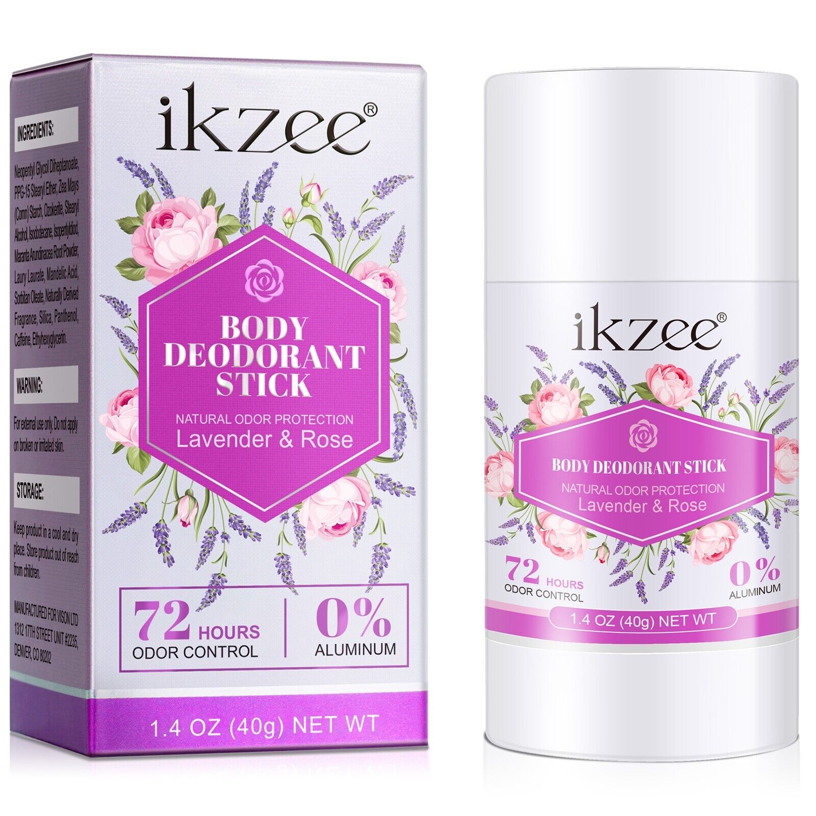 Ikzee Lavender Rose Organic Natural Body Deodorant Stick, 40g, 72 Hours