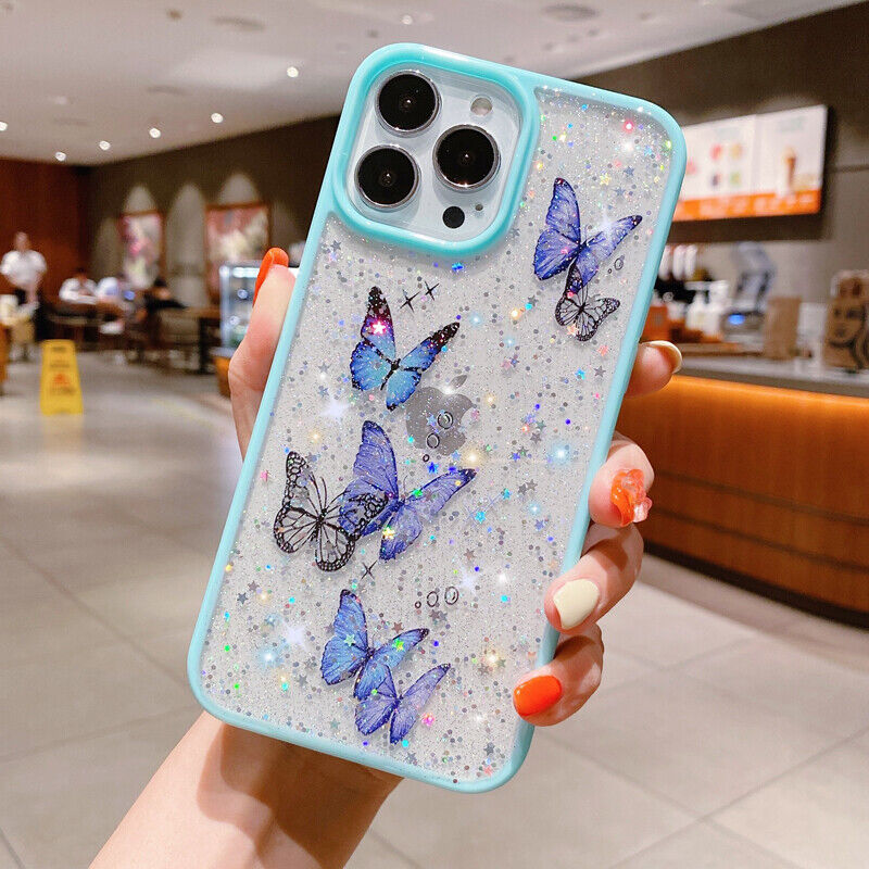 iPhone 13 Pro Max MINI 11 XS XR 8 7 SE2020 Butterfly Glitter 3D Shockproof Case 