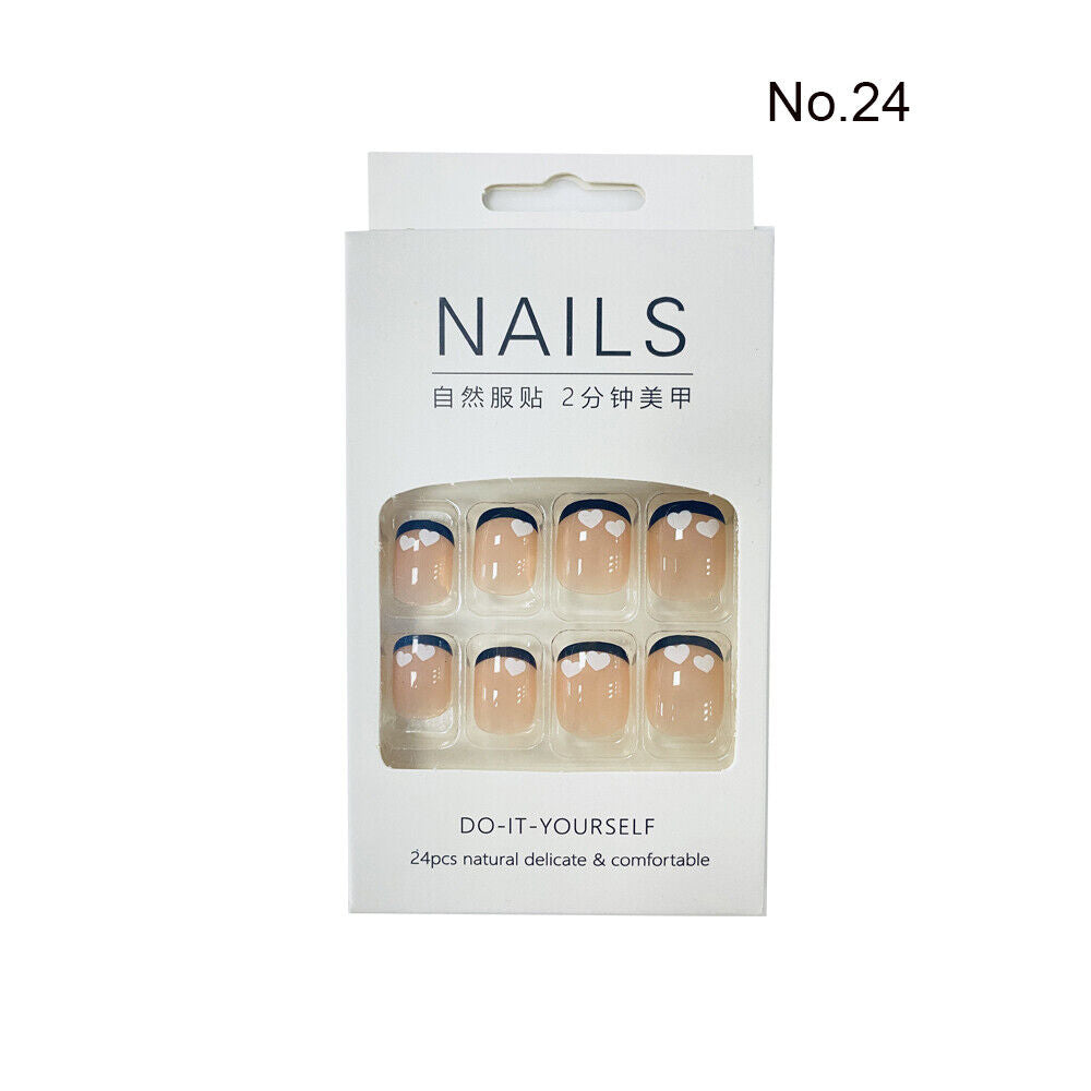 High Quality Non Toxic 24Pcs Nail Tips Cute Cartoon Short Square 34 Colors 