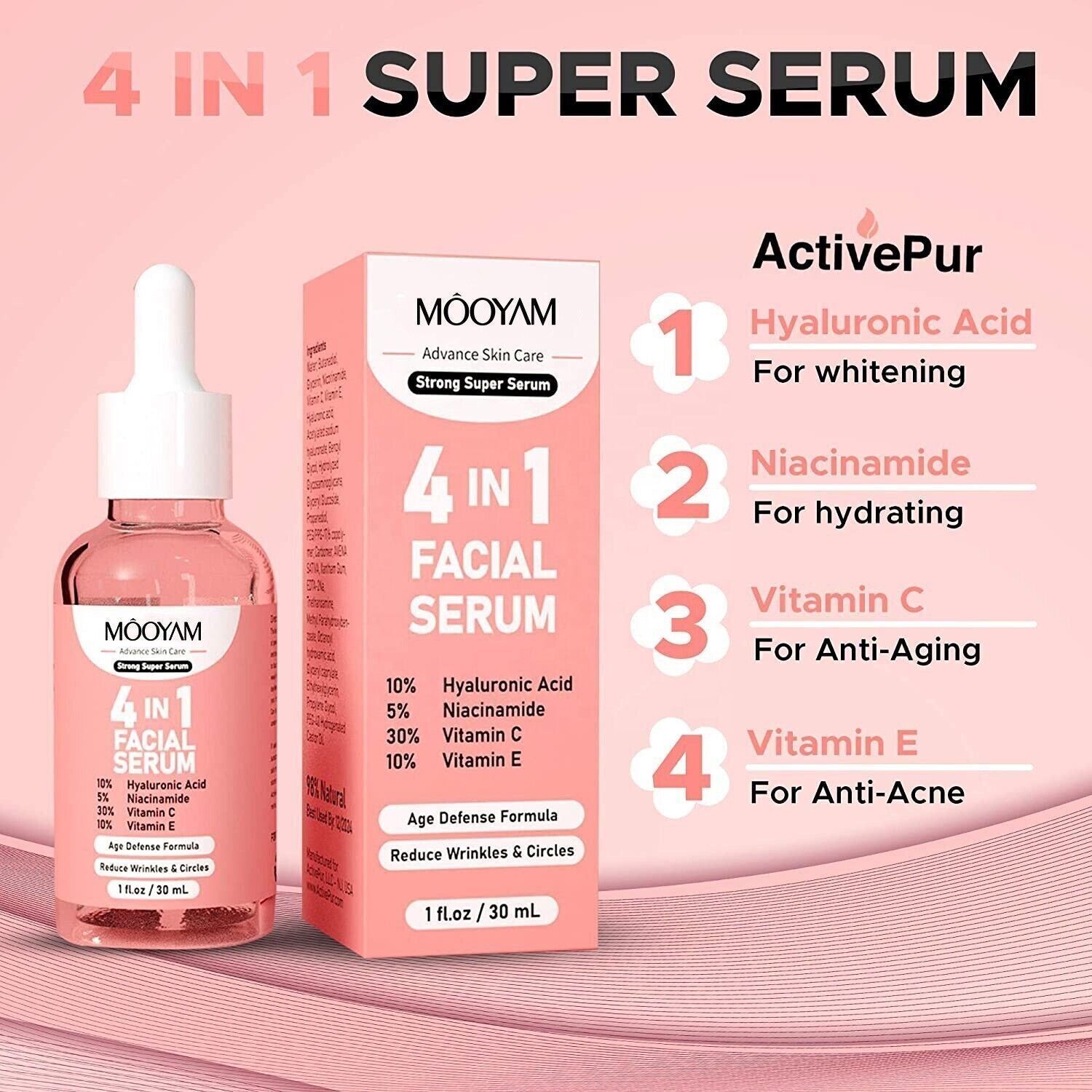 4 in 1 Face Serum 30% Vitamin C with HA Niacinamide Anti-aging Hydrating Whiten