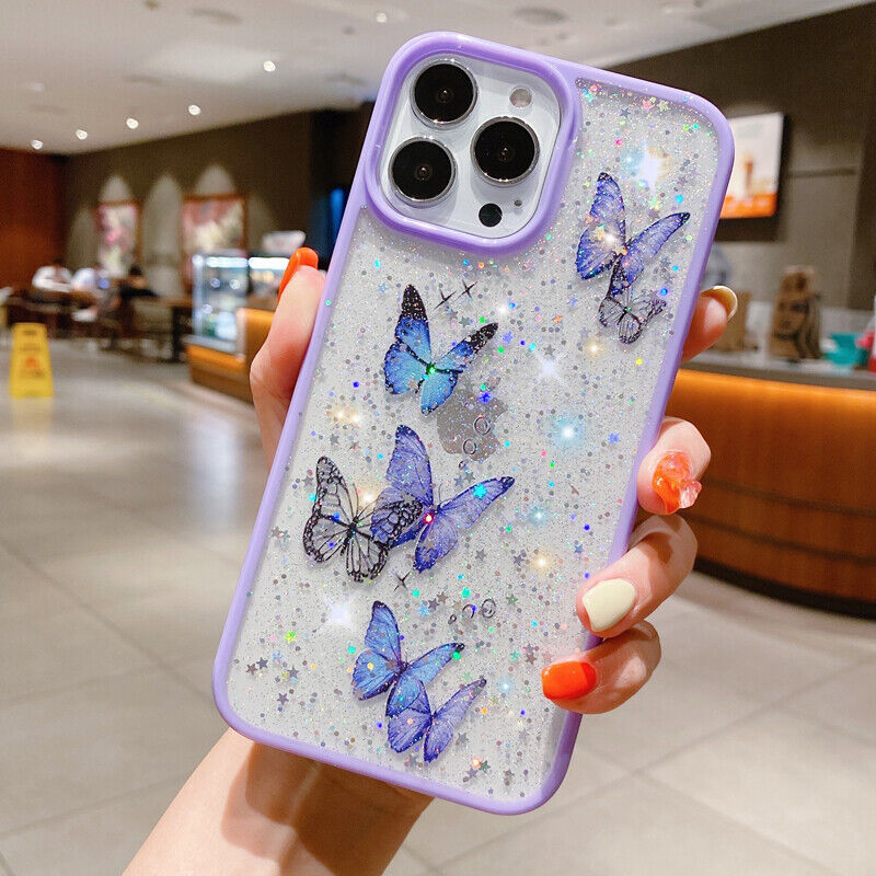 iPhone 13 Pro Max MINI 11 XS XR 8 7 SE2020 Butterfly Glitter 3D Shockproof Case 