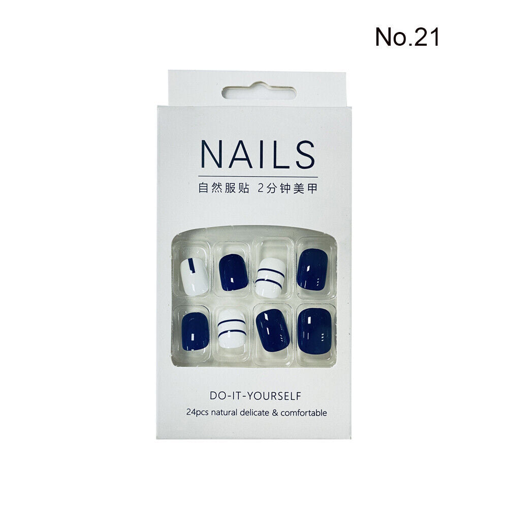 High Quality Non Toxic 24Pcs Nail Tips Cute Cartoon Short Square 34 Colors 