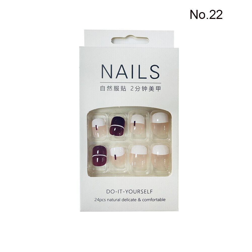 High Quality Non Toxic 24Pcs Nail Tips Cute Cartoon Short Square 34 Colors 