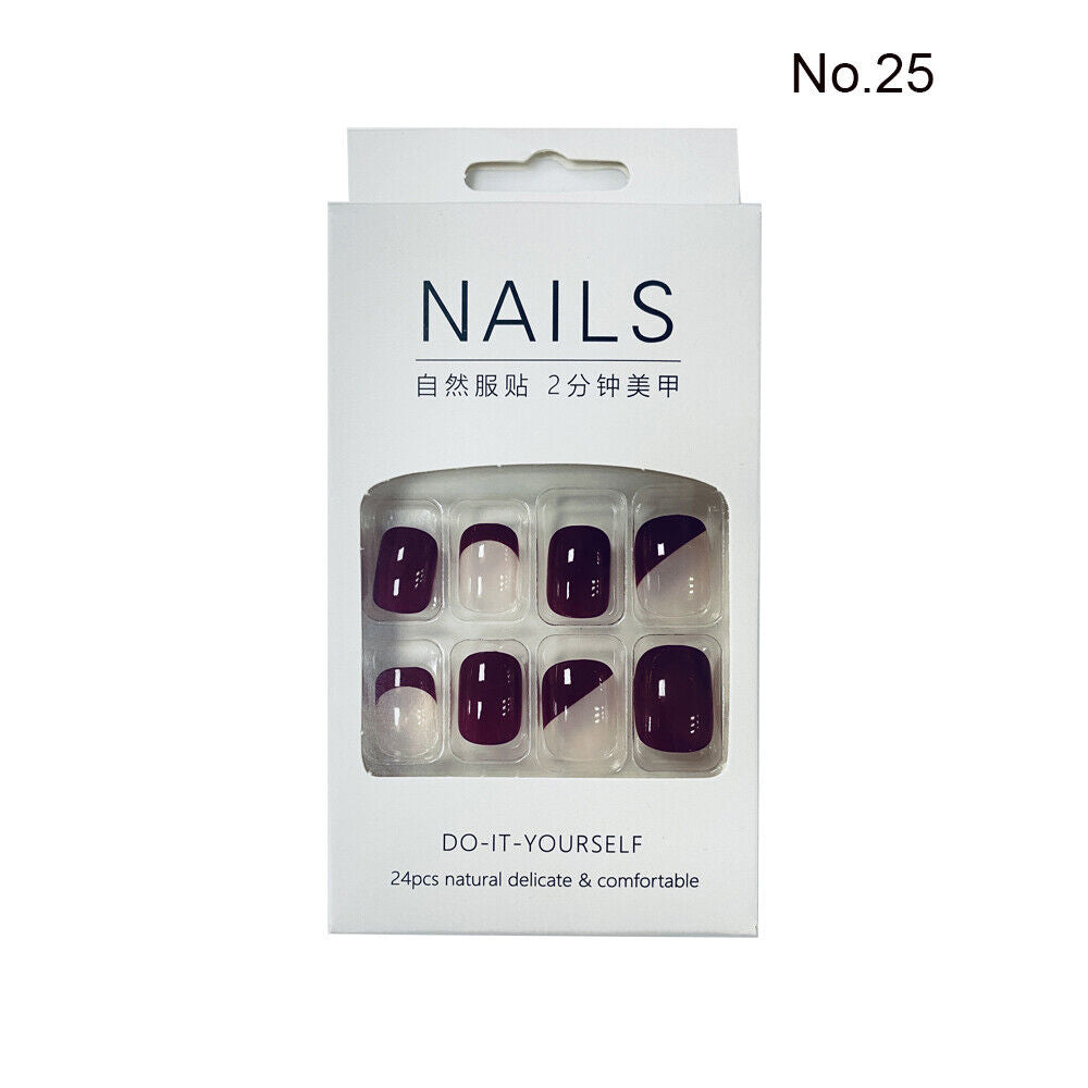 High Quality Non Toxic 24Pcs Nail Tips Cute Cartoon Short Square 34 Colors 