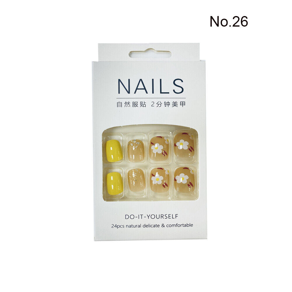 High Quality Non Toxic 24Pcs Nail Tips Cute Cartoon Short Square 34 Colors 