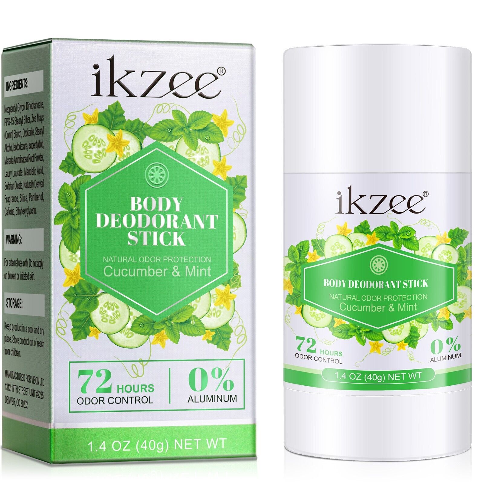 Ikzee Cucumber Mint Organic Natural Body Deodorant Stick, 40g, 72 Hours