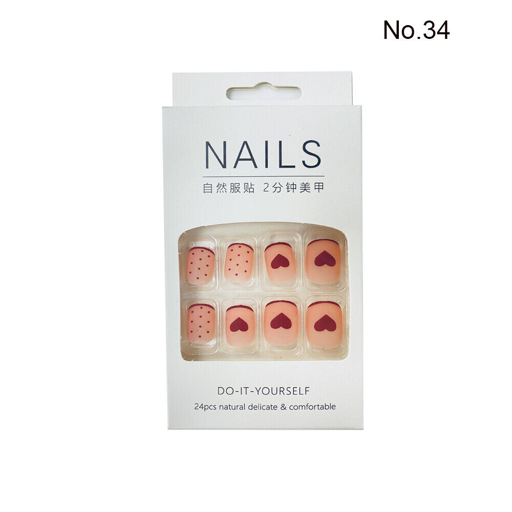 High Quality Non Toxic 24Pcs Nail Tips Cute Cartoon Short Square 34 Colors 