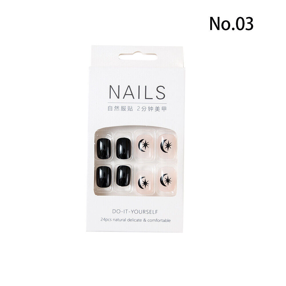 High Quality Non Toxic 24Pcs Nail Tips Cute Cartoon Short Square 34 Colors 