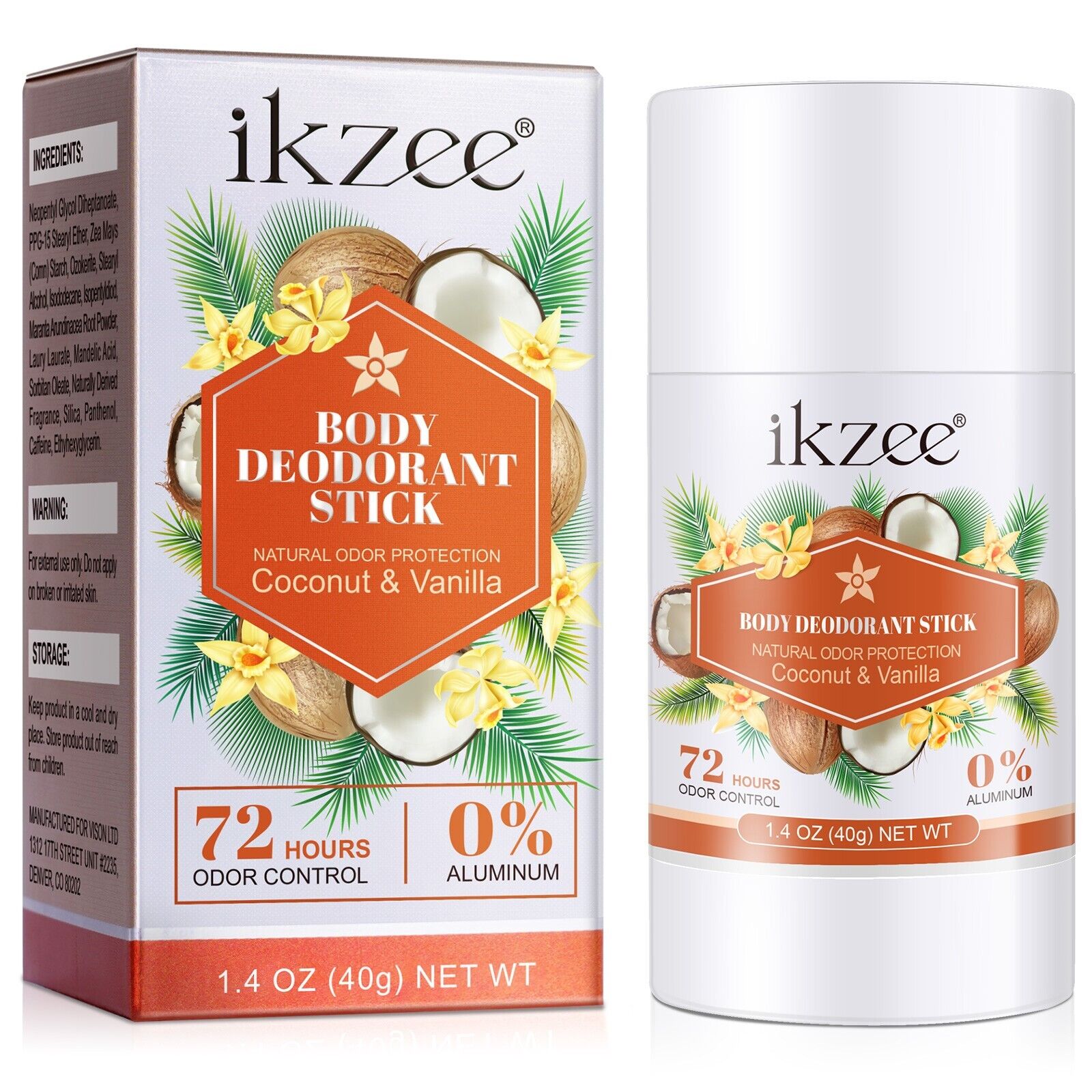 Ikzee Coconut Vanilla Organic Natural Body Deodorant Stick, 40g, 72 Hours