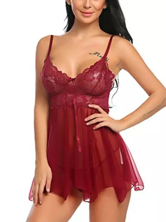 Sexy Lingerie Women Silk Lace Robe Dress Panties Babydoll Nightdress Nightgown