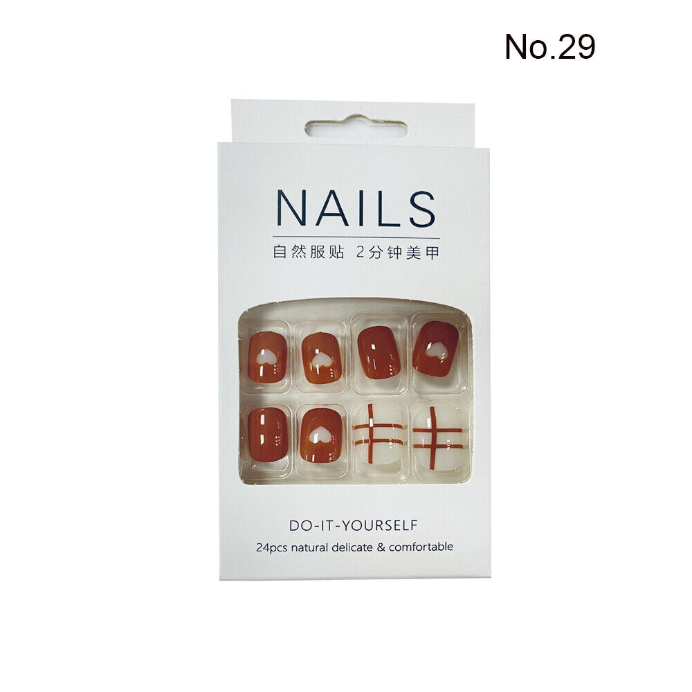 High Quality Non Toxic 24Pcs Nail Tips Cute Cartoon Short Square 34 Colors 