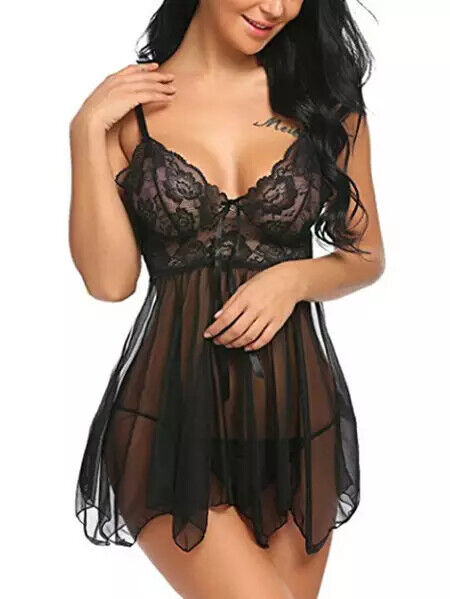 Sexy Lingerie Women Silk Lace Robe Dress Panties Babydoll Nightdress Nightgown