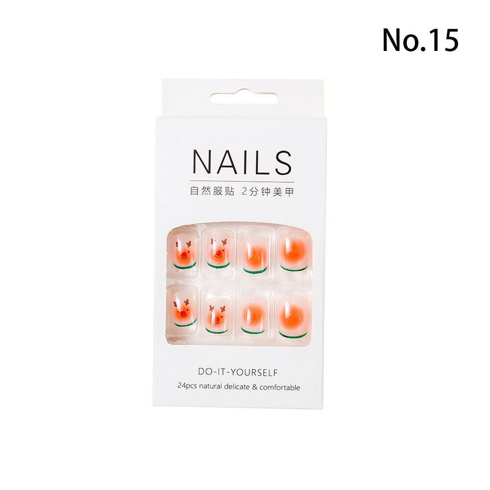 High Quality Non Toxic 24Pcs Nail Tips Cute Cartoon Short Square 34 Colors 