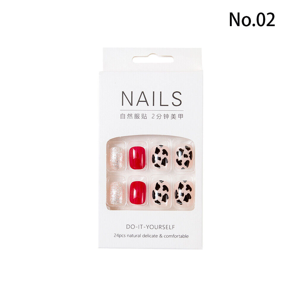 High Quality Non Toxic 24Pcs Nail Tips Cute Cartoon Short Square 34 Colors 