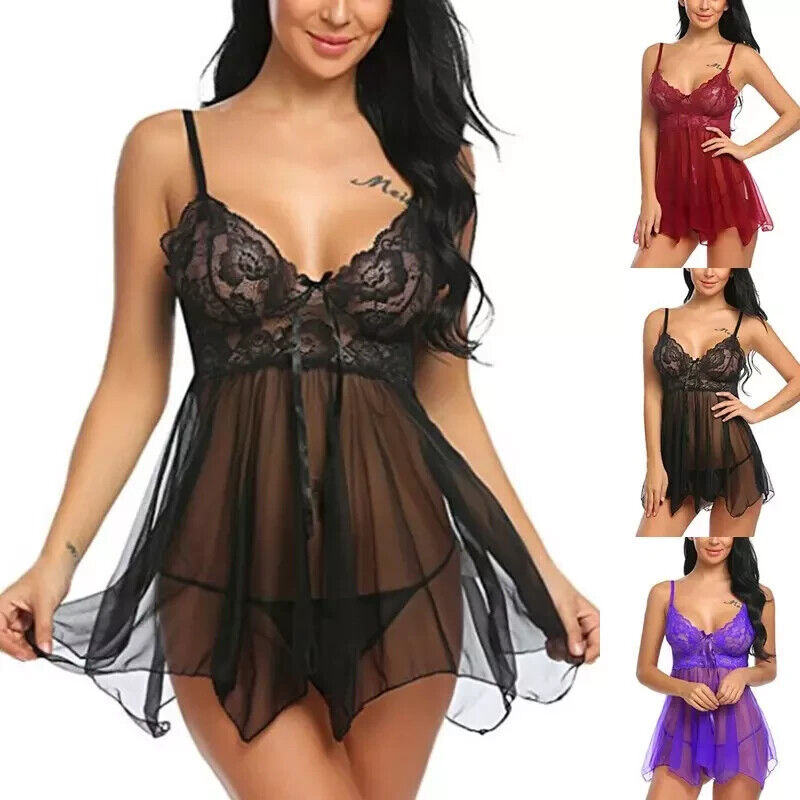 Sexy Lingerie Women Silk Lace Robe Dress Panties Babydoll Nightdress Nightgown