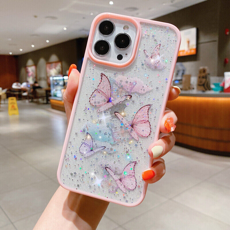 iPhone 13 Pro Max MINI 11 XS XR 8 7 SE2020 Butterfly Glitter 3D Shockproof Case 