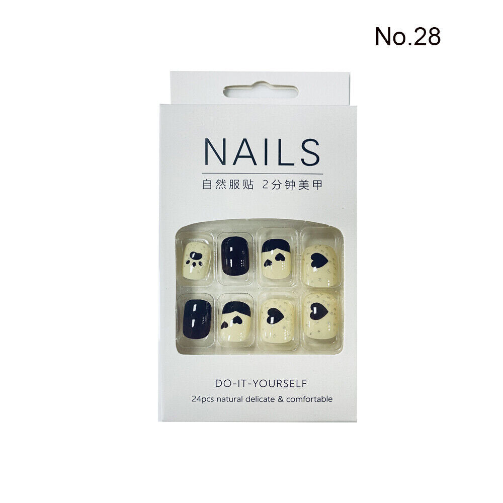 High Quality Non Toxic 24Pcs Nail Tips Cute Cartoon Short Square 34 Colors 