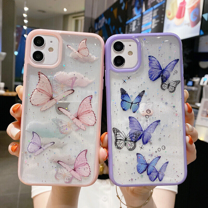 iPhone 13 Pro Max MINI 11 XS XR 8 7 SE2020 Butterfly Glitter 3D Shockproof Case 