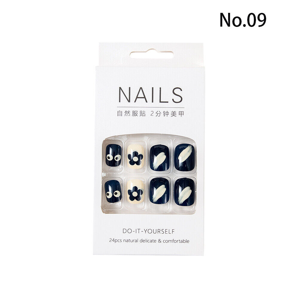 High Quality Non Toxic 24Pcs Nail Tips Cute Cartoon Short Square 34 Colors 