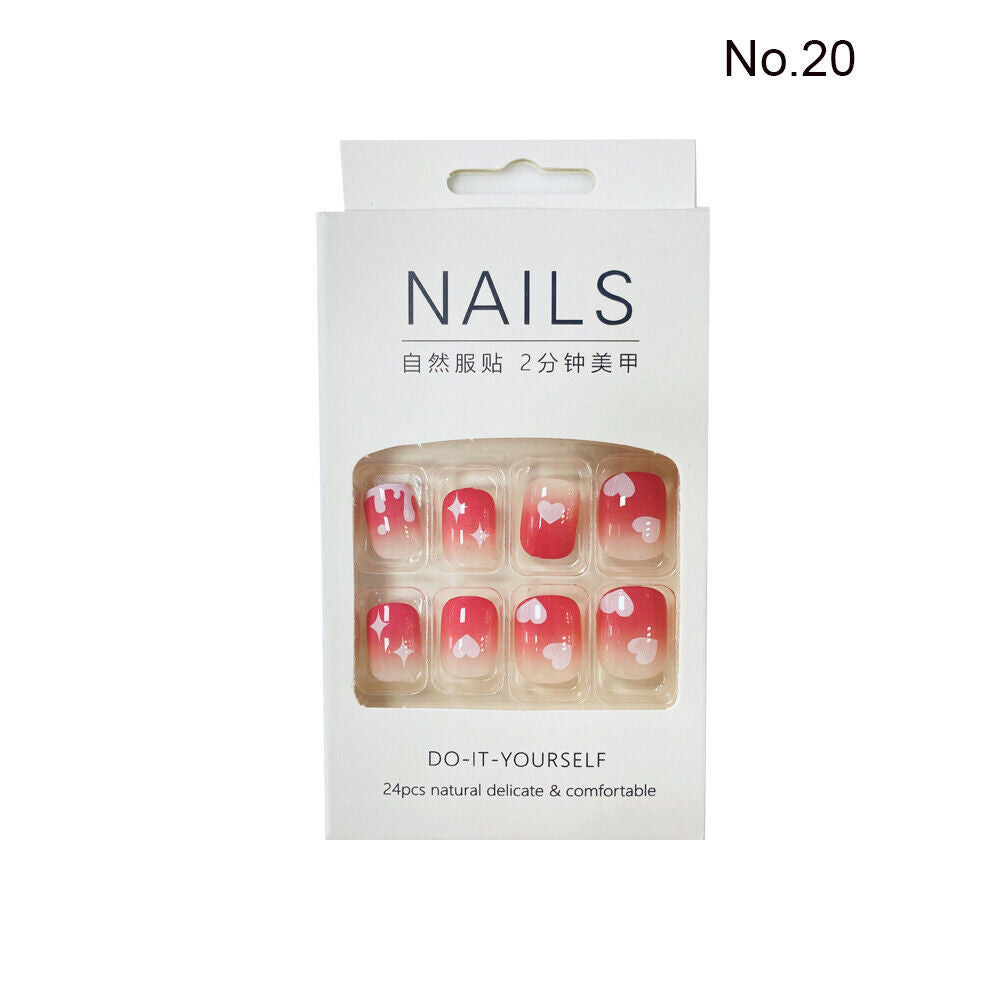 High Quality Non Toxic 24Pcs Nail Tips Cute Cartoon Short Square 34 Colors 