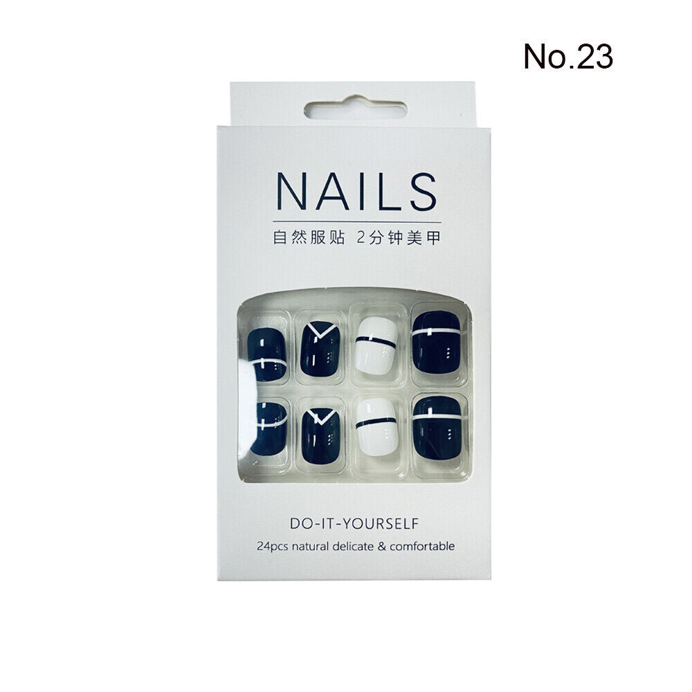 High Quality Non Toxic 24Pcs Nail Tips Cute Cartoon Short Square 34 Colors 