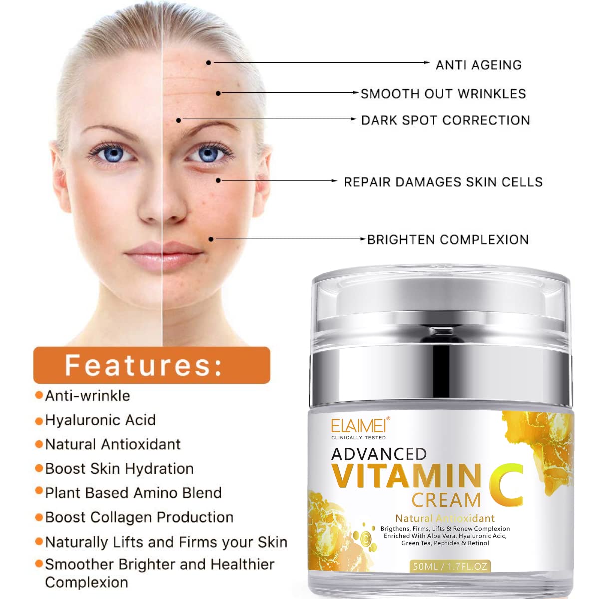 Elaimei Anti Aging Face Vitamin C Cream Facial Hyaluronic Acid